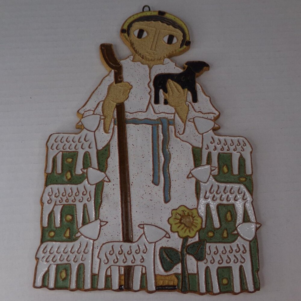 Vtg Good Shephard Icon St Andrew's Abbey Ceramic Plaque Black Sheep
